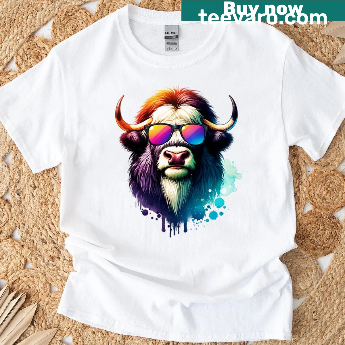 Musk ox in sunglasses graphic on a T-shirt — on a men's t-shirt
