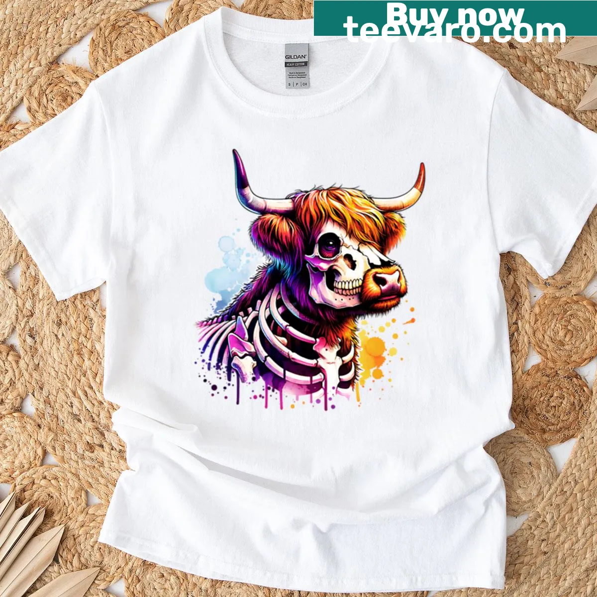 Watercolor T-shirt featuring a skeleton Scottish Highland cow design. — on a men's t-shirt