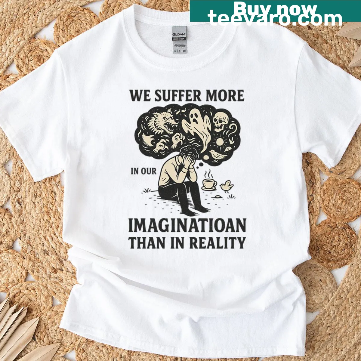 Stoic wisdom quote t-shirt showcasing the phrase about imagination and reality — on a men's t-shirt