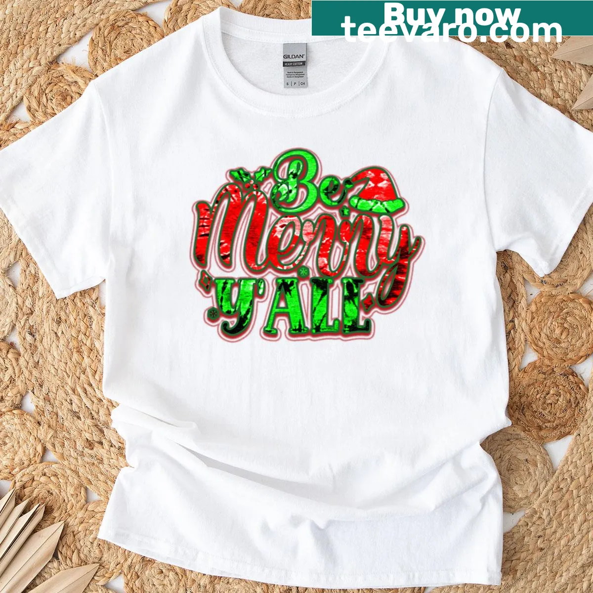 Festive t-shirt with the phrase 'Wear Be Merry Yall' — on a men's t-shirt