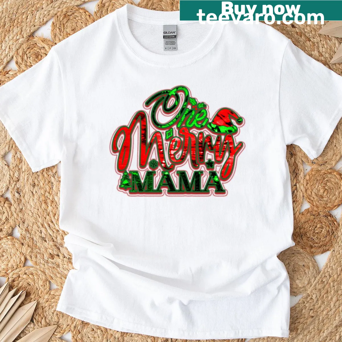 T-shirt celebrating moms with the text 'One Merry Mama' — on a men's t-shirt