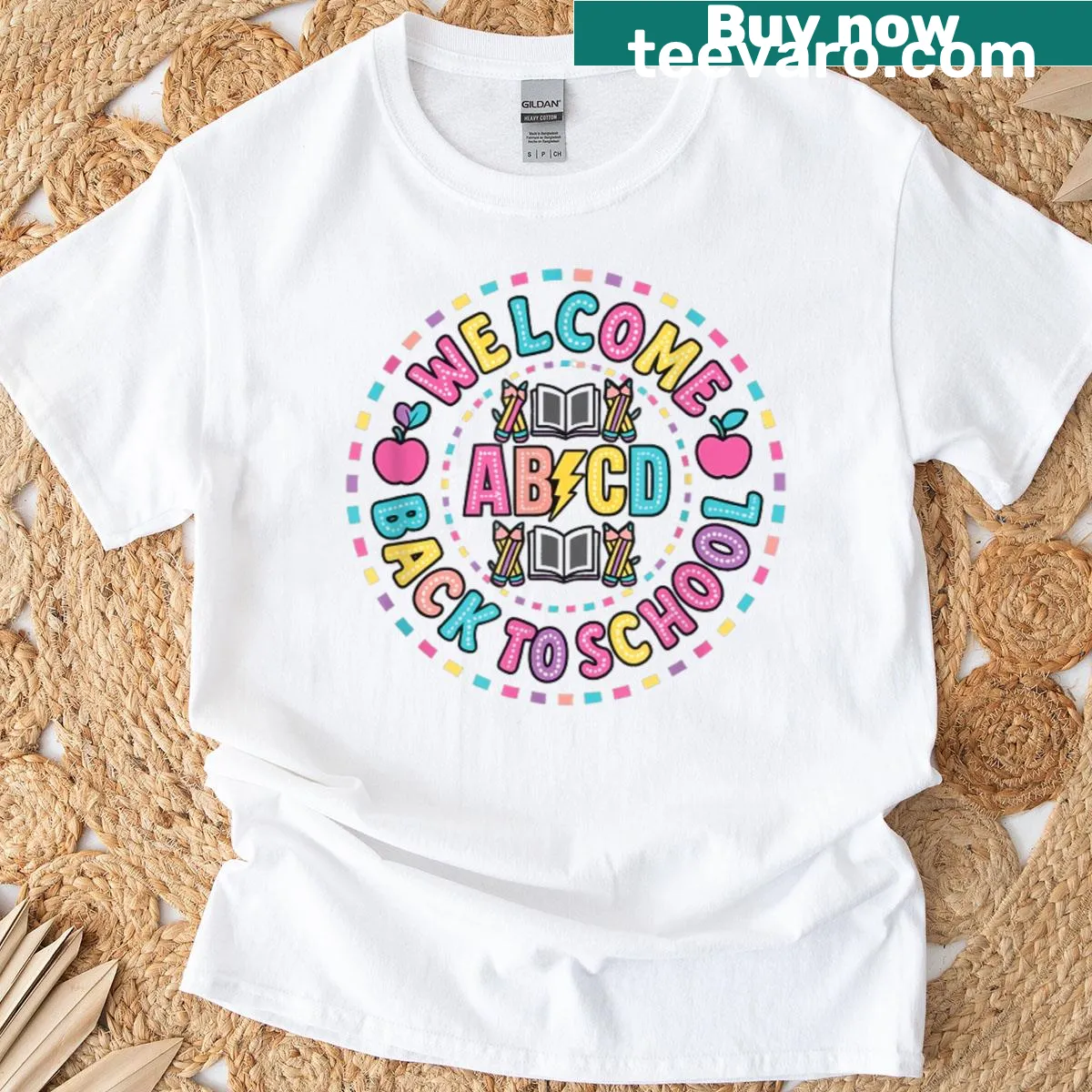 Funny teacher t-shirt with ABCD and rock theme — on a men's t-shirt