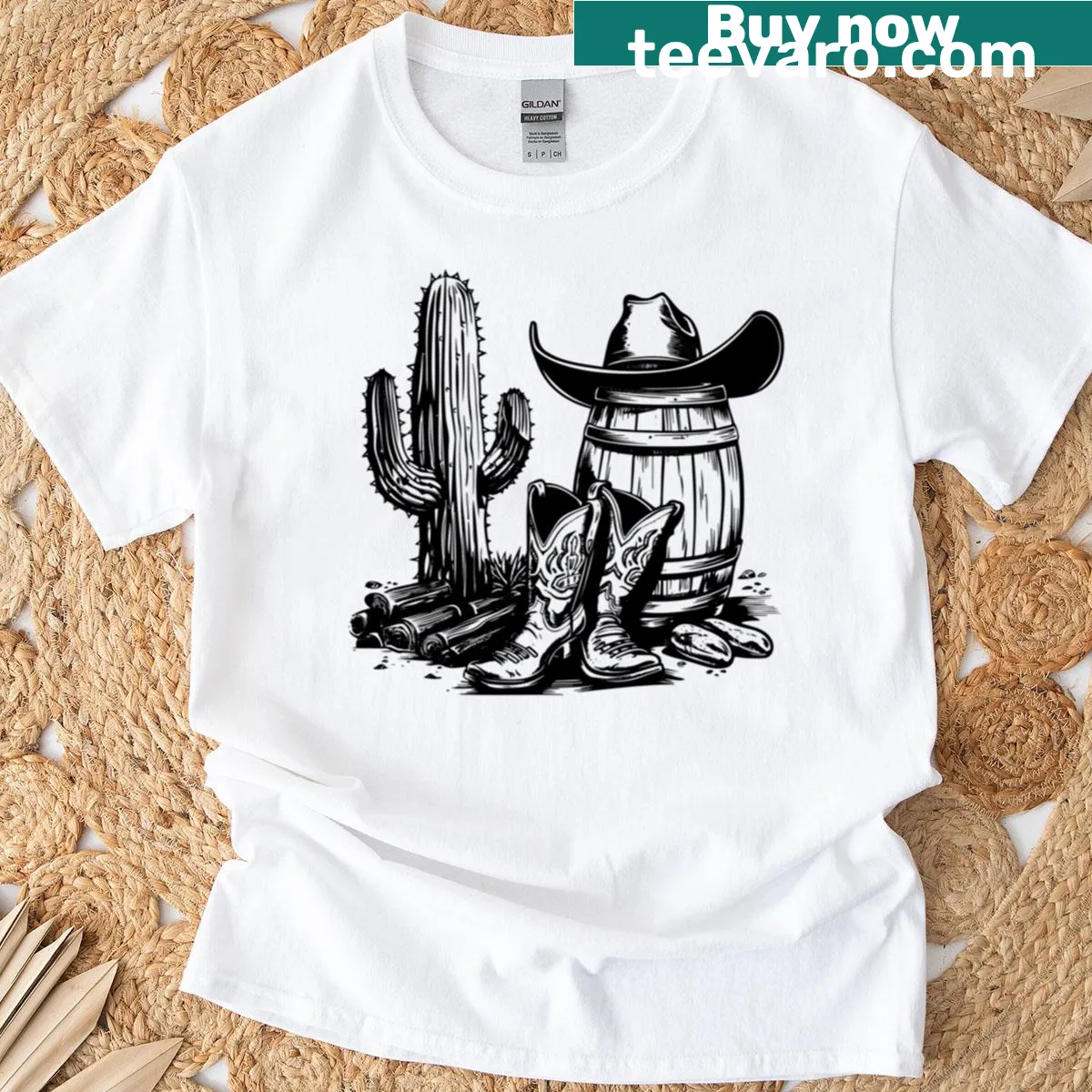 Rustic cowboy gear illustration in black and white — on a men's t-shirt