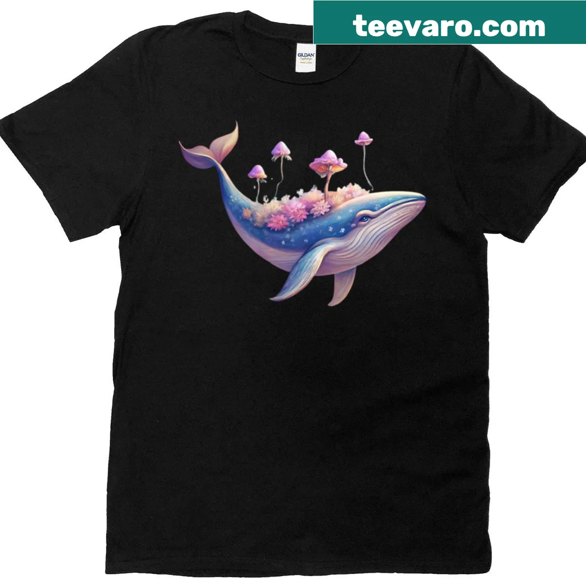 Whale illustration surrounded by flowers on a casual T-shirt design. — on a men's t-shirt