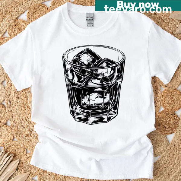 Bold black and white illustration of a whiskey glass with ice