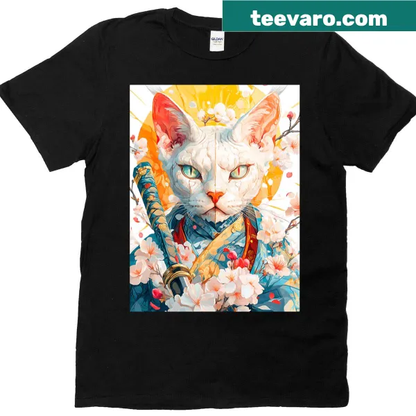 Illustration of a white cat in a golden kimono with cherry blossoms
