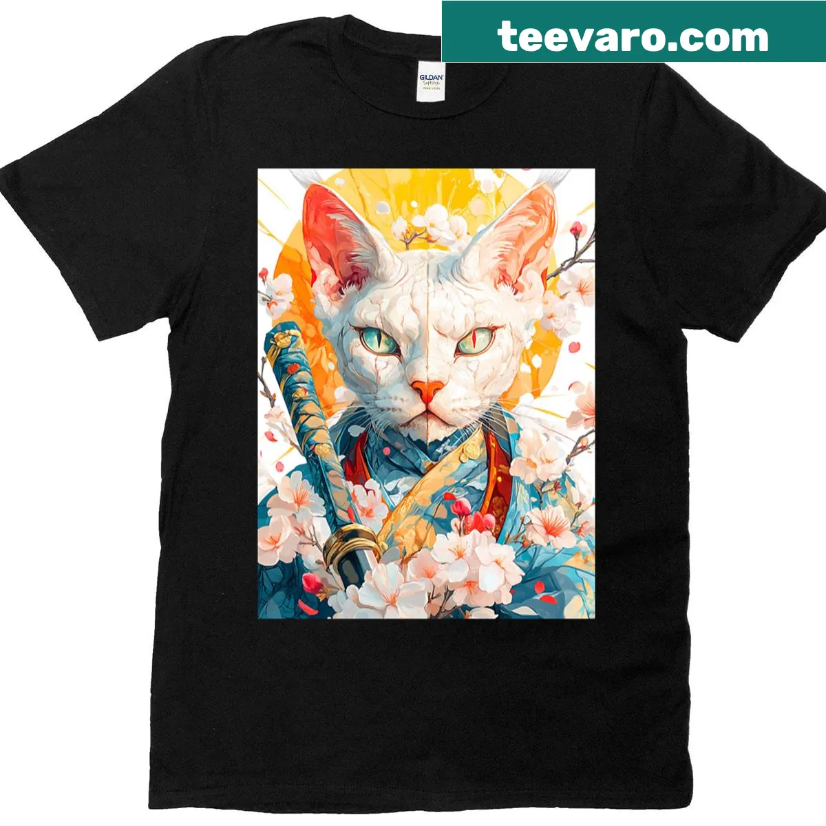 Illustration of a white cat in a golden kimono with cherry blossoms — on a men's t-shirt