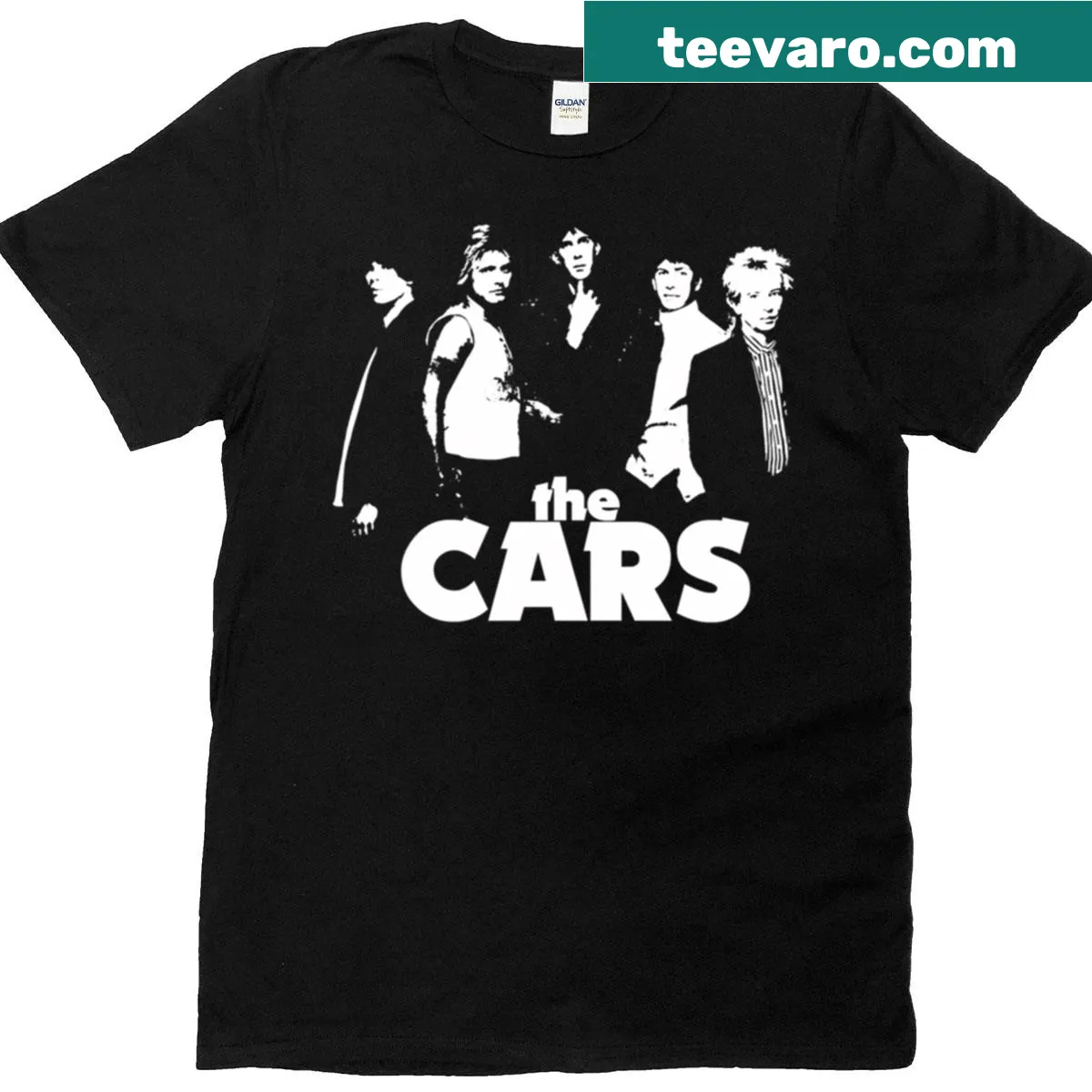 Retro band stencil t-shirt inspired by cars — on a men's t-shirt