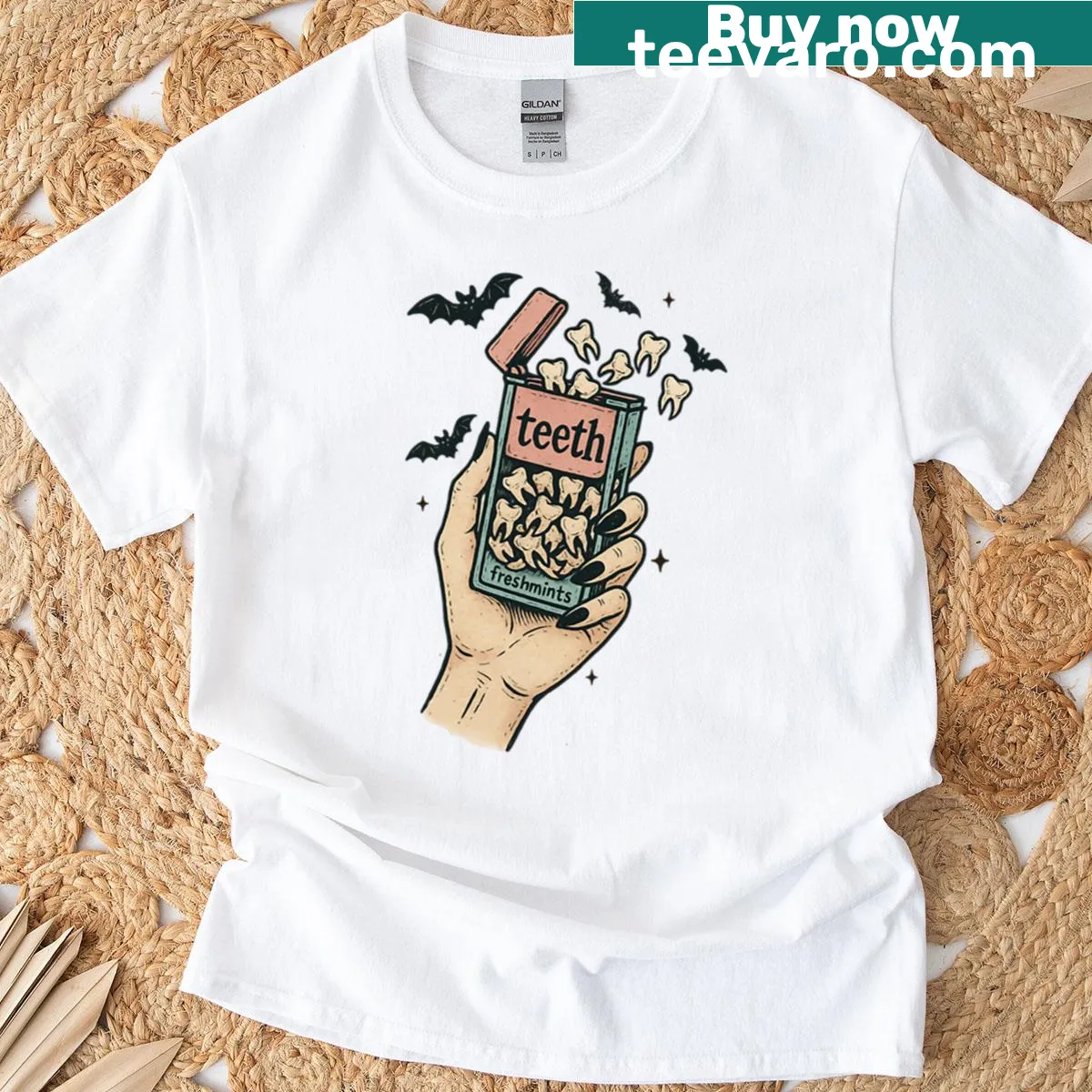 Funny t-shirt with Witchcraft and Teeth Mints text — on a men's t-shirt