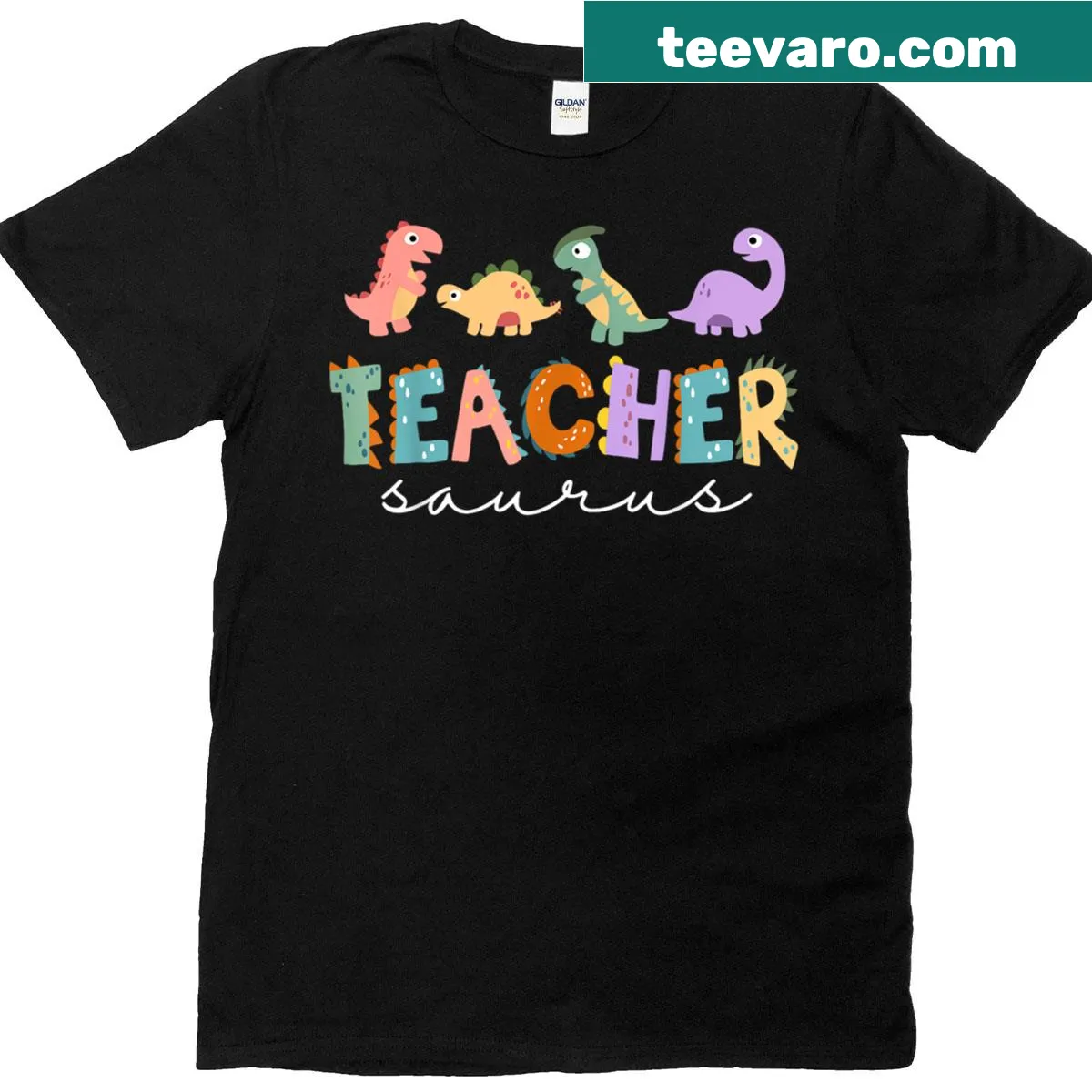 Funny dinosaur teacher t-shirt featuring a Teachersaurus Rex graphic — on a men's t-shirt