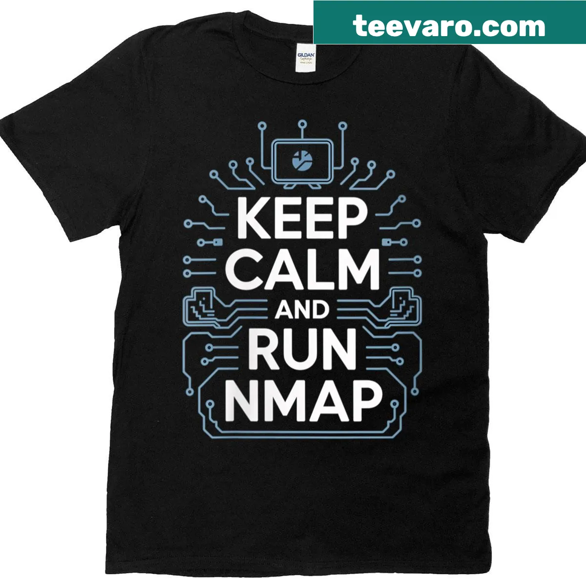 Tech-themed t-shirt with 'Keep Calm and Run Nmap' slogan. — on a men's t-shirt