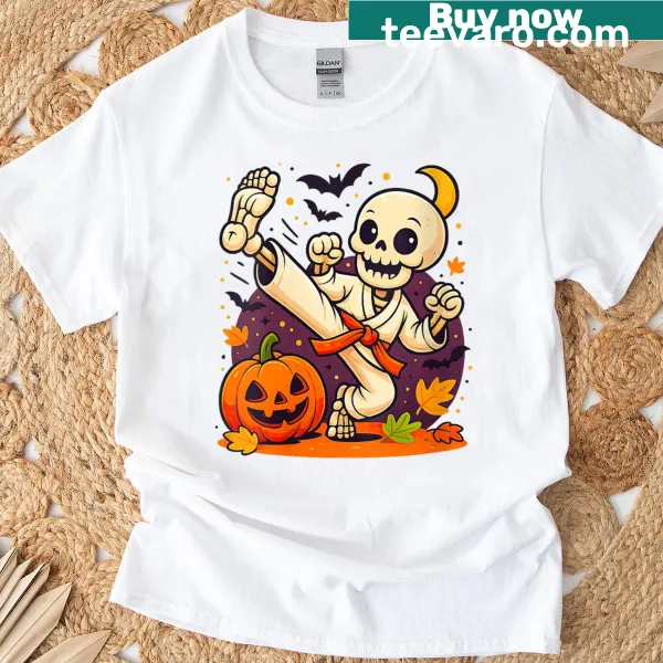 Fun t-shirt featuring a karate skeleton for Halloween