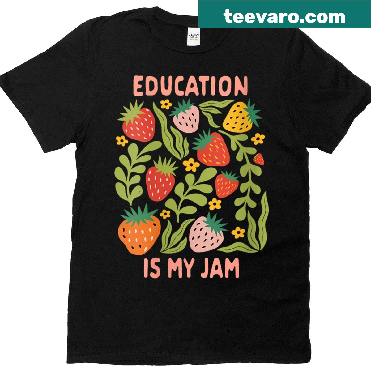 Teacher T-shirt with strawberry graphic and humorous text — on a men's t-shirt