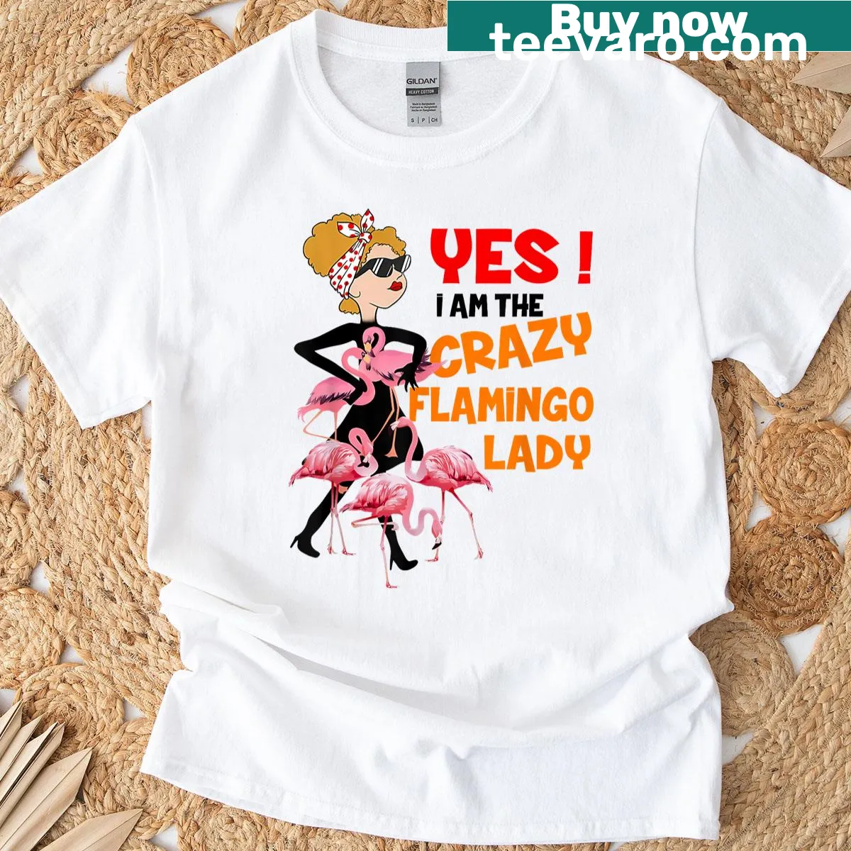 Funny t-shirt with Crazy Flamingo Lady text — on a men's t-shirt