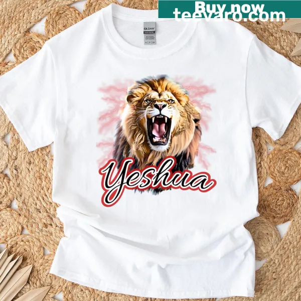 T-shirt displaying the words 'Yeshua Lightning Roar' in bold typography.