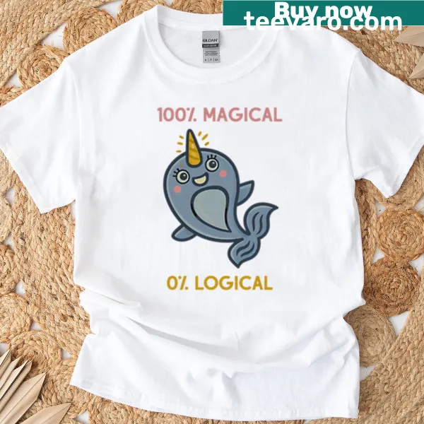 Cute cartoon narwhal t-shirt with '100 Magical 0 Logical'
