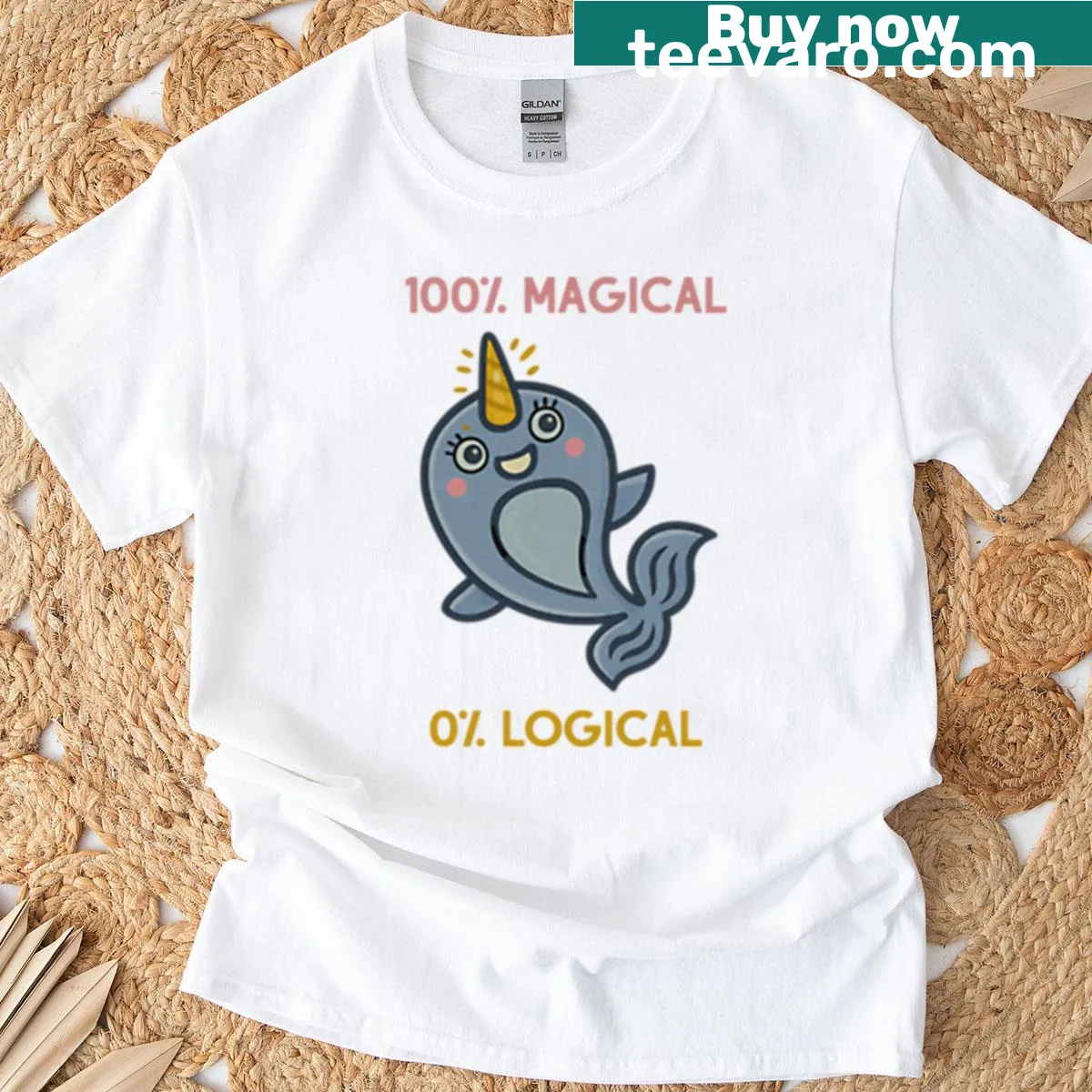 Cute cartoon narwhal t-shirt with '100 Magical 0 Logical' — on a men's t-shirt