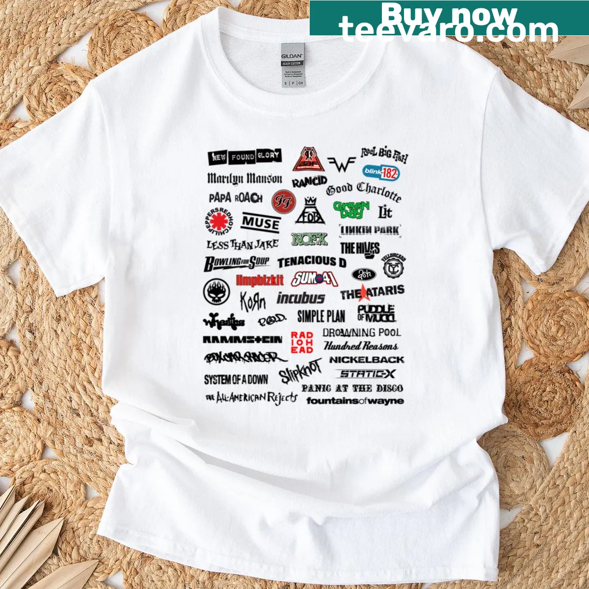 Nostalgic typography t-shirt celebrating 2000s alt-rock — on a men's t-shirt