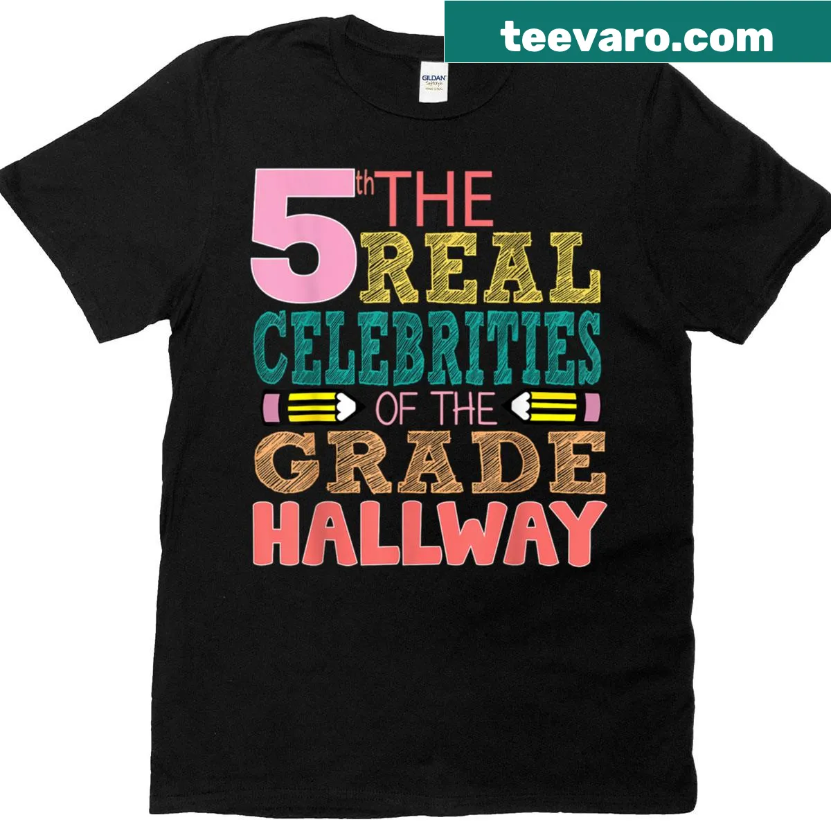 Playful T-shirt for fifth graders featuring 'The Real Celebrities Of The Hallway' text — on a men's t-shirt