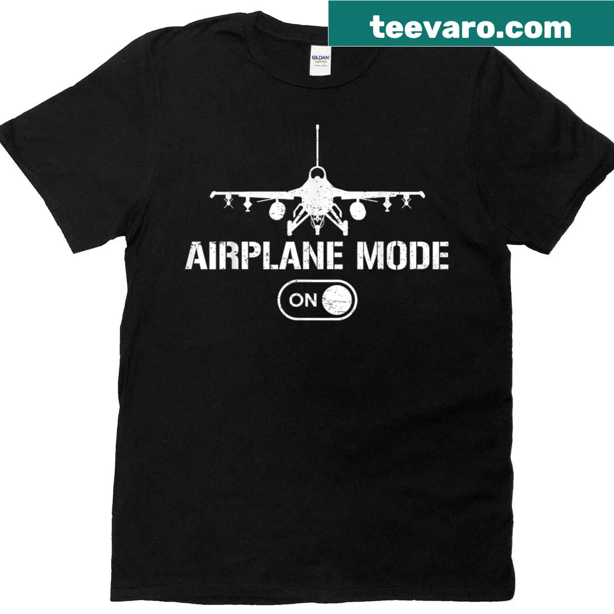 Funny T-shirt with an F-16 jet fighter and Airplane Mode phrase — on a men's t-shirt