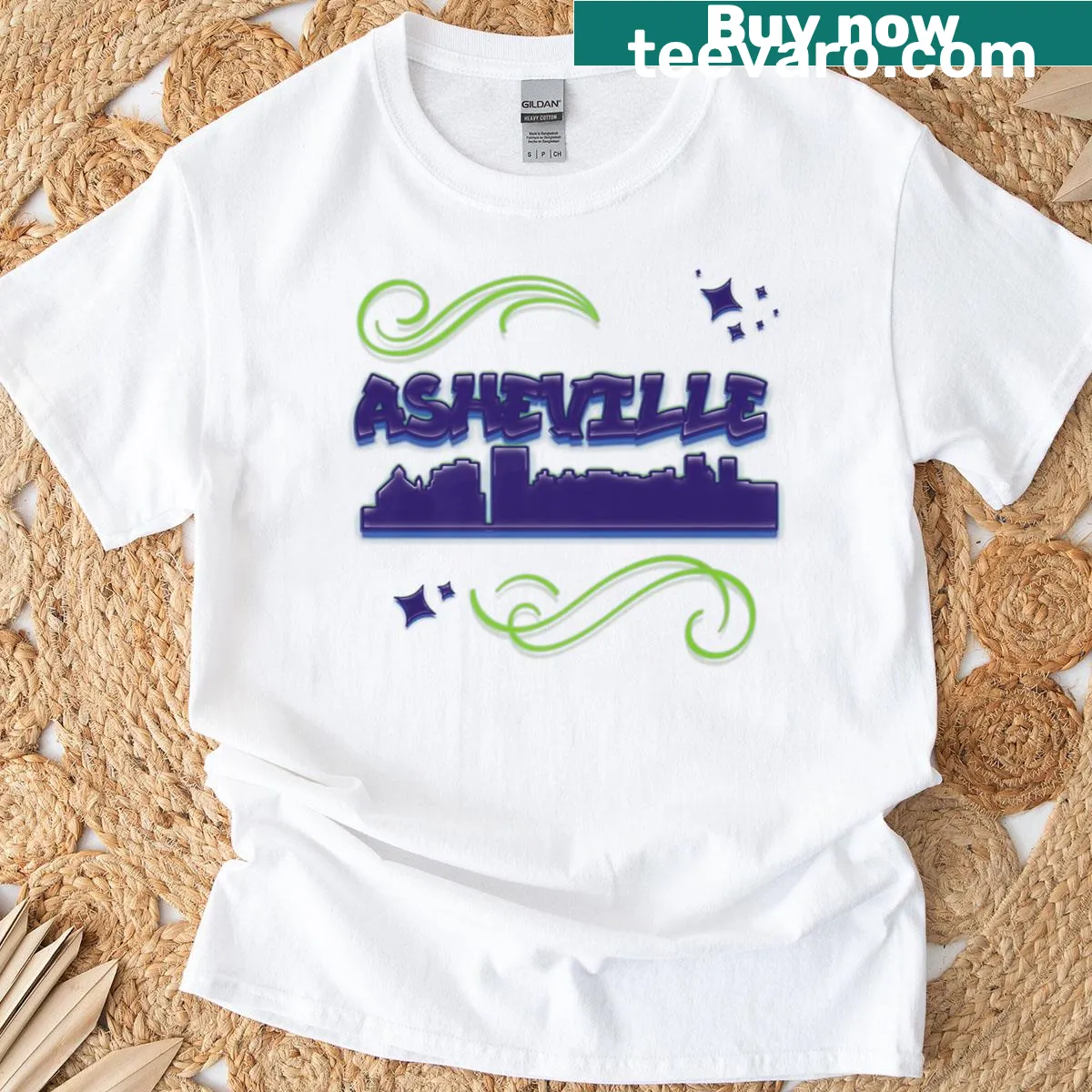 Retro Asheville skyline graphic T-shirt — on a men's t-shirt