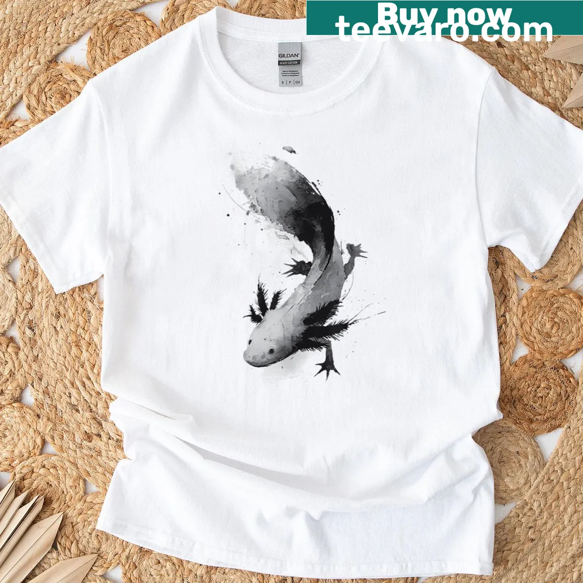 Minimalist axolotl design with Sumi-e art and calligraphy — on a men's t-shirt