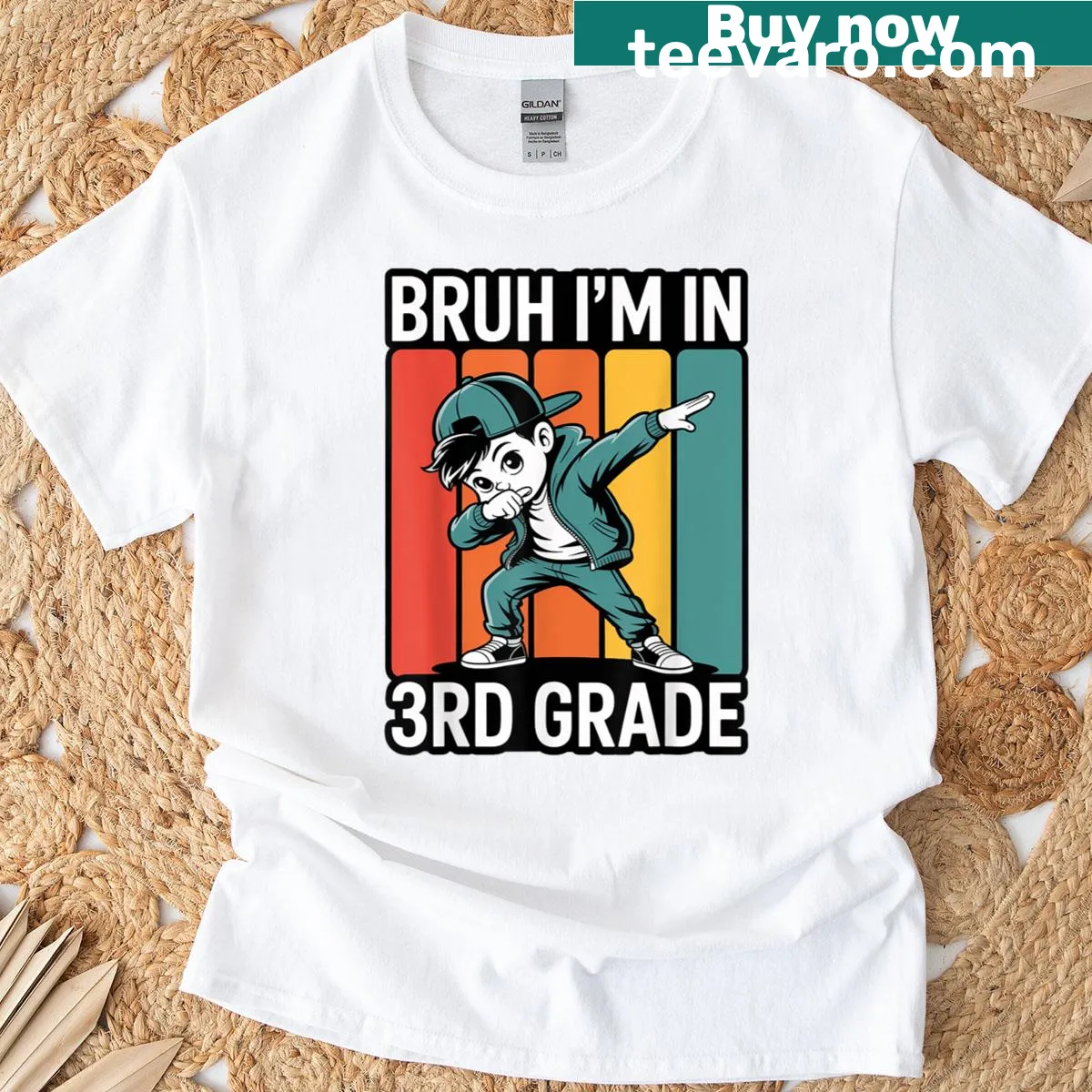 Dabbing boy graphic with text 'Bruh Im In Third Grade' on T-shirt — on a men's t-shirt