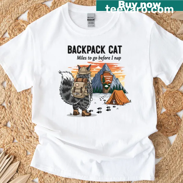 Cat with a backpack illustration t-shirt