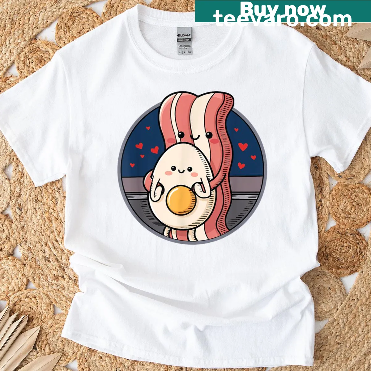 Kawaii bacon and egg kissing graphic on T-shirt — on a men's t-shirt