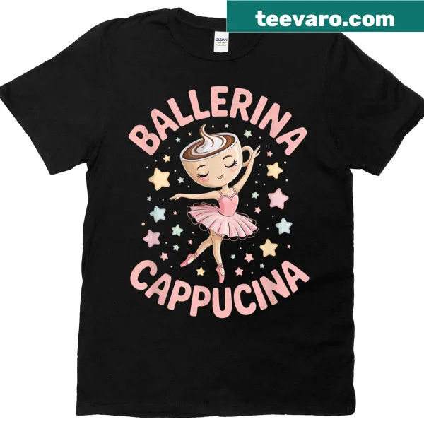 Funny T-shirt with a ballerina and cappuccino graphic for kids