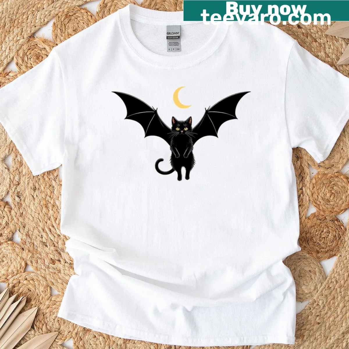 Cute bat cat graphic on T-shirt — on a men's t-shirt