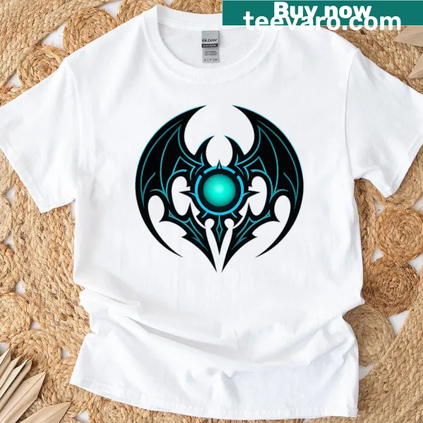 Neon teal bat emblem t-shirt with cyber tribal design