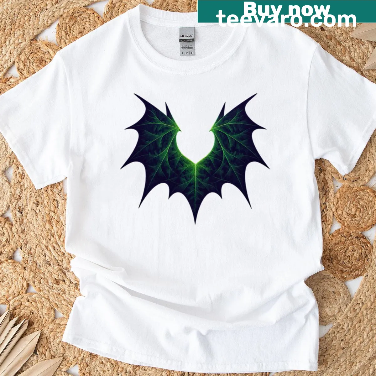 Intricate dark gothic fantasy t-shirt with neon fractal design — on a men's t-shirt