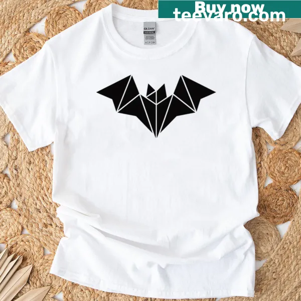 Elegant origami bat logo on black and white t-shirt