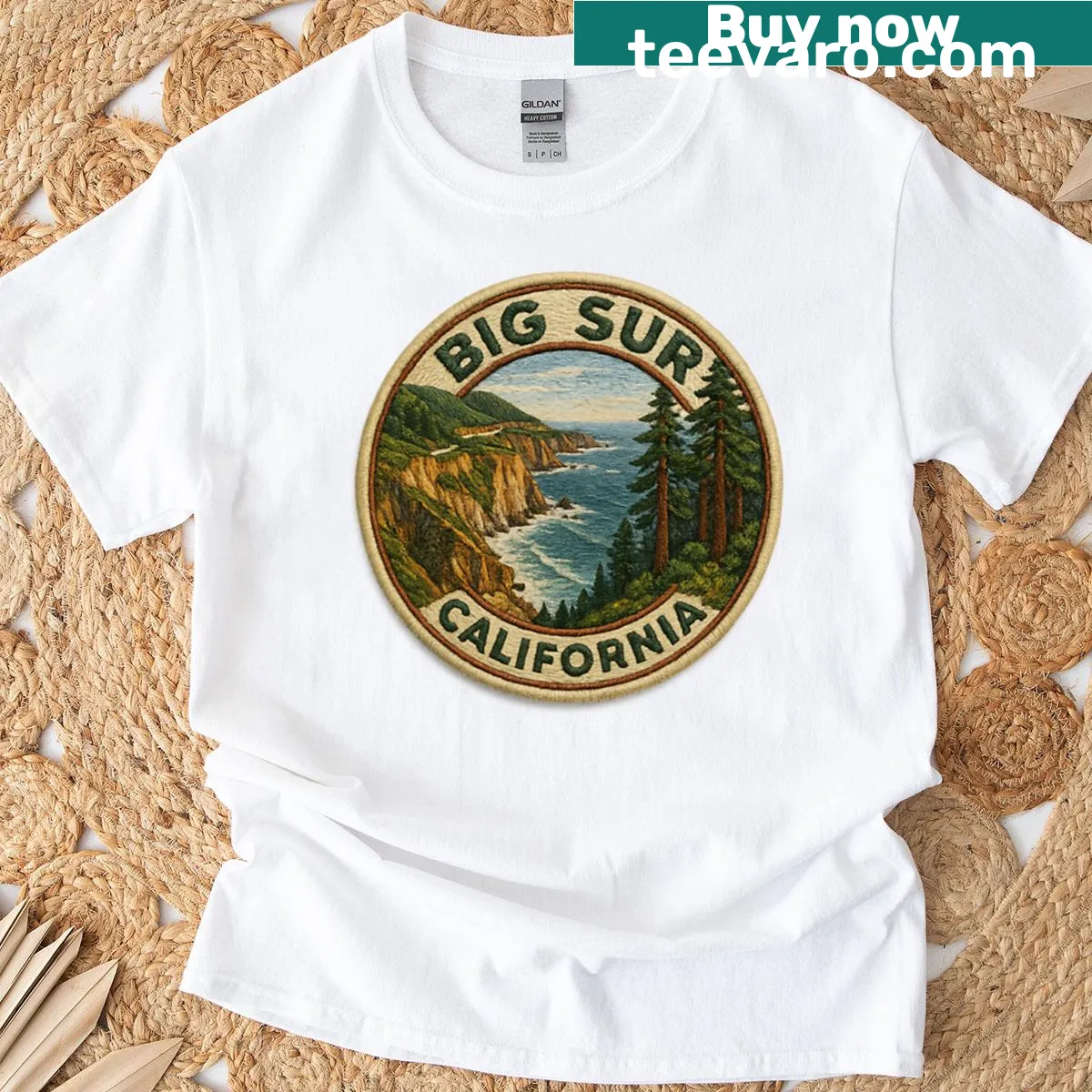 Embroidered Big Sur design on a t-shirt capturing coastal beauty — on a men's t-shirt