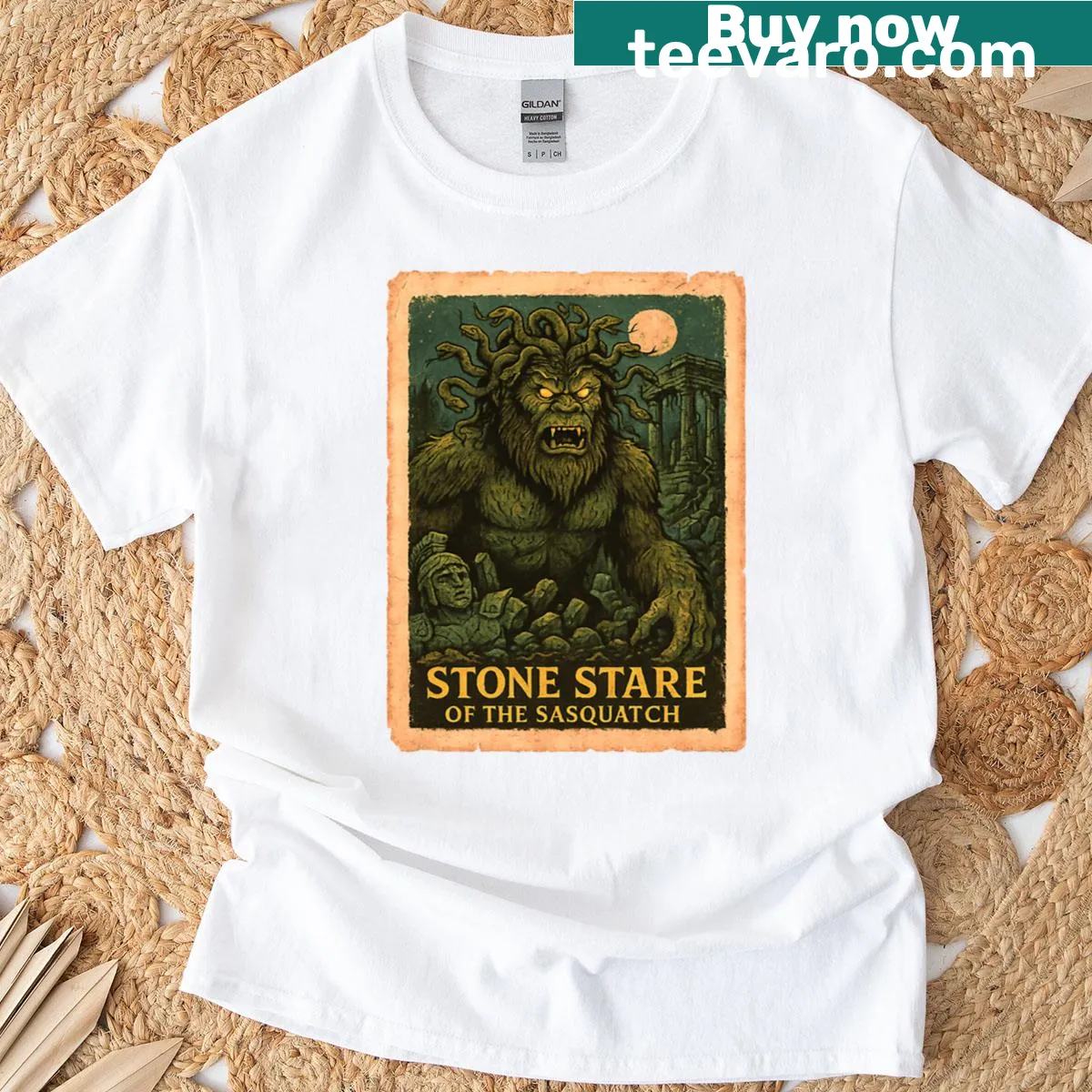Illustration of Bigfoot and Medusa with a stone stare for Halloween — on a men's t-shirt