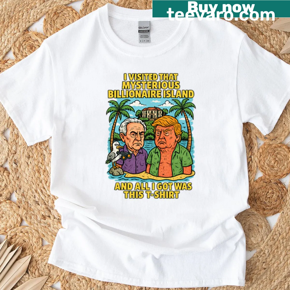 Illustration of a lavish island scene on a billionaire-themed t-shirt — on a men's t-shirt