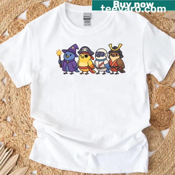 Playful Birds Of Cosplay t-shirt featuring birds in costumes