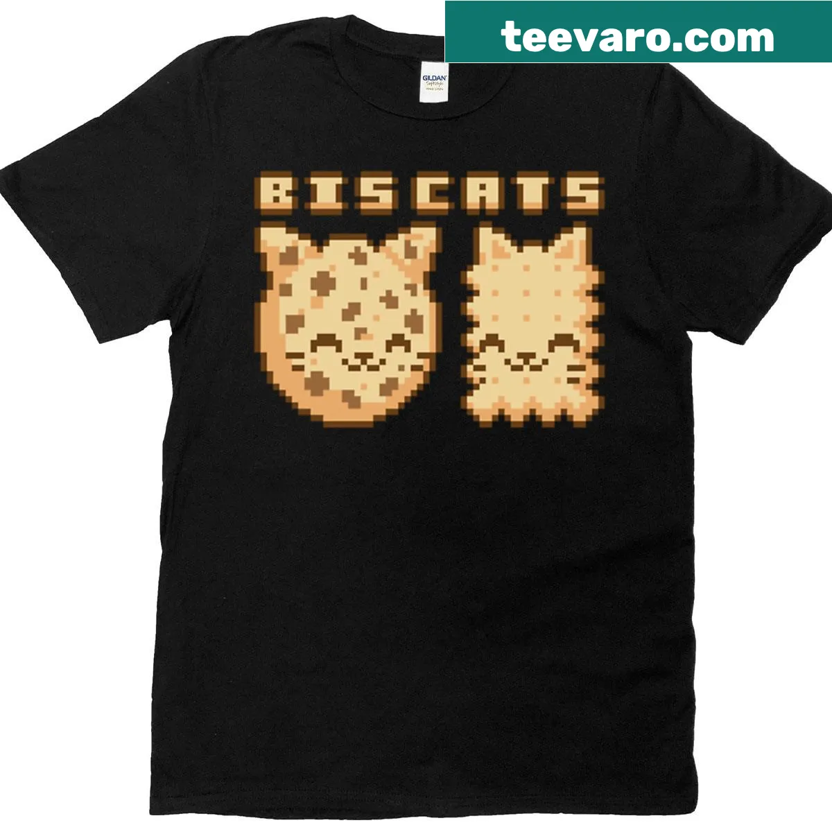 Kawaii pixel art T-shirt of cats baking biscuits — on a men's t-shirt