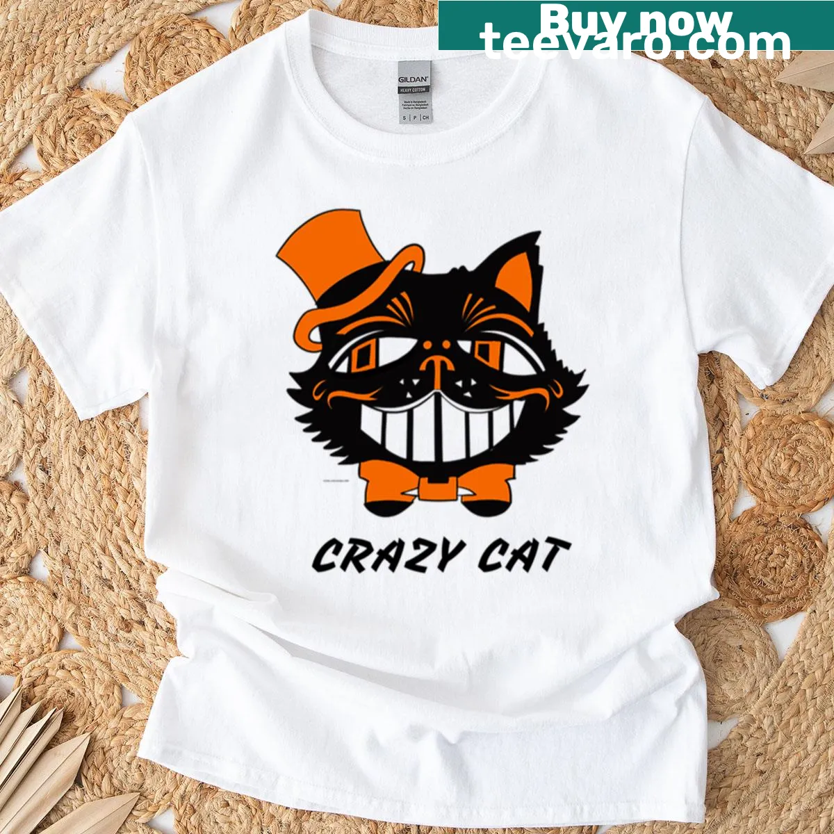 Vintage black cat graphic on a Halloween-themed t-shirt — on a men's t-shirt