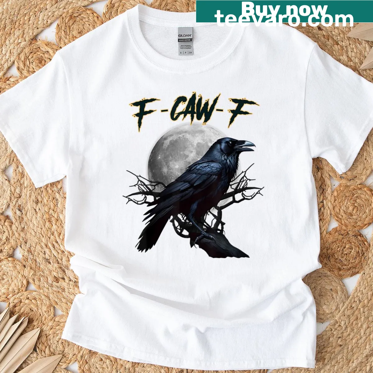 Funny black crow design with 'F-caw-f' text against a grunge background — on a men's t-shirt