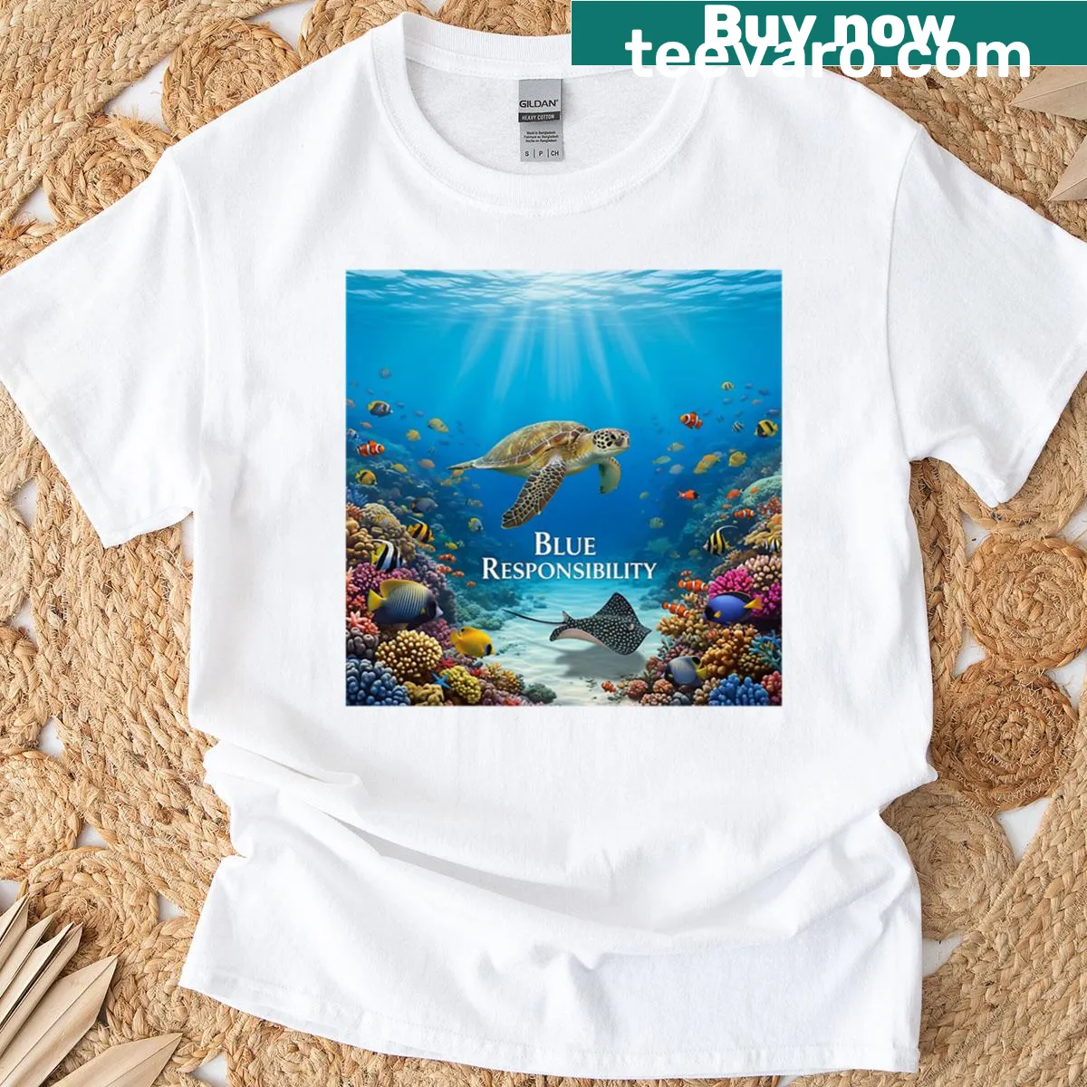 Inspirational Blue Responsibility t-shirt featuring ocean-themed design — on a men's t-shirt