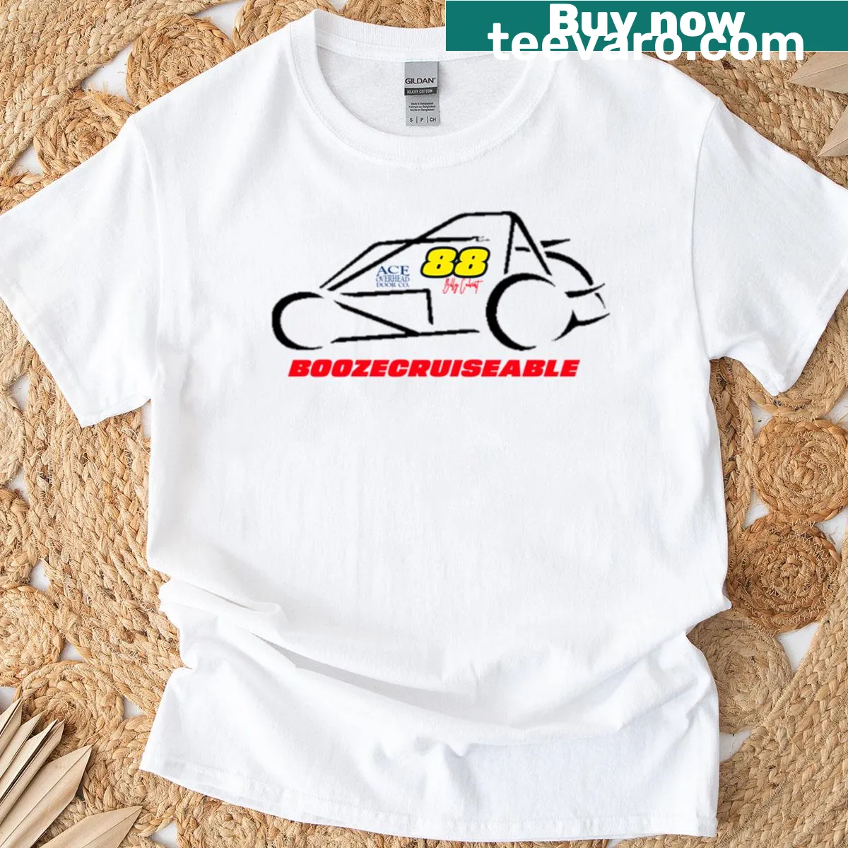 Cartoon Boozecruiseable 88 t-shirt featuring humorous racing design — on a men's t-shirt
