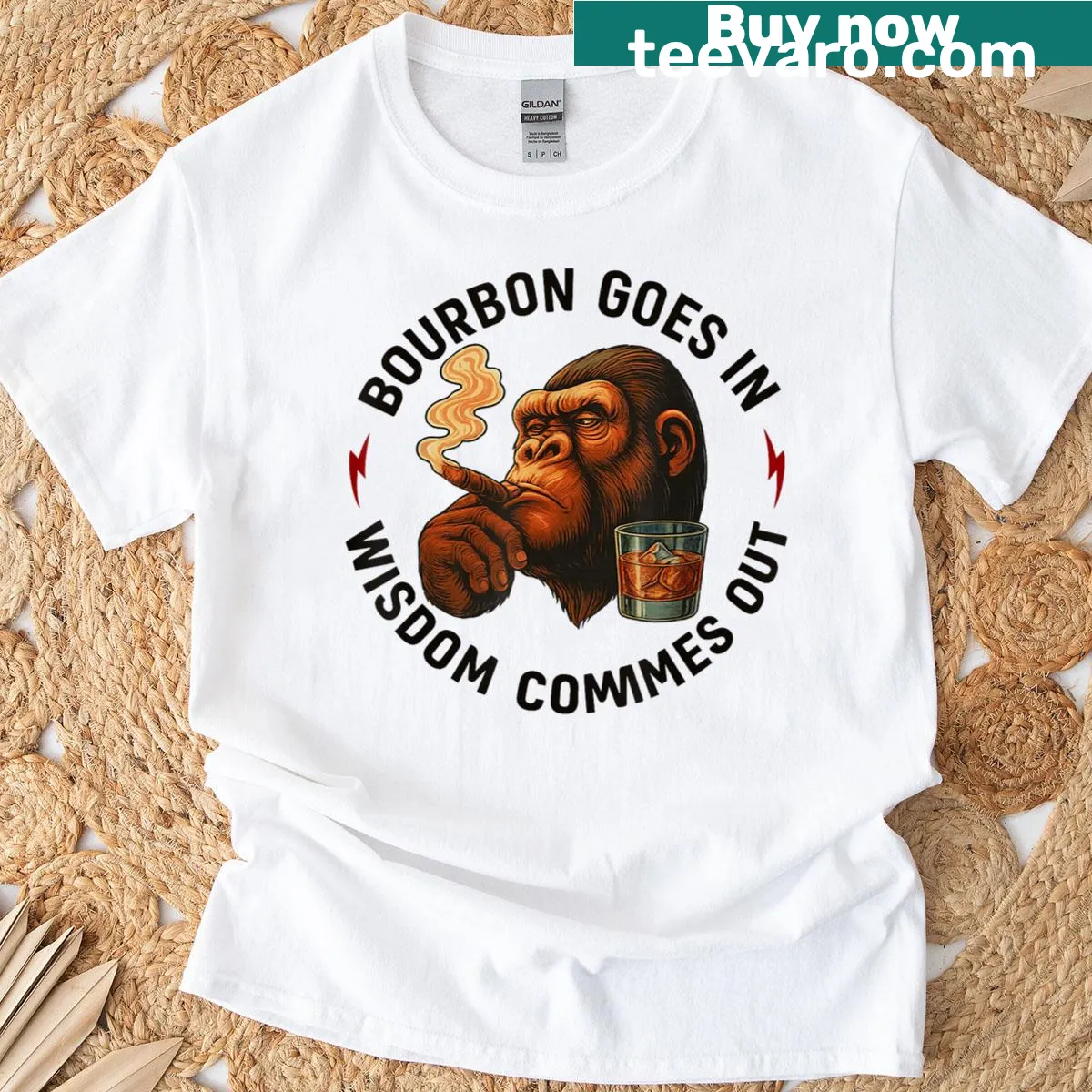 Funny Bourbon Goes In Wisdom Comes Out t-shirt with playful typography — on a men's t-shirt