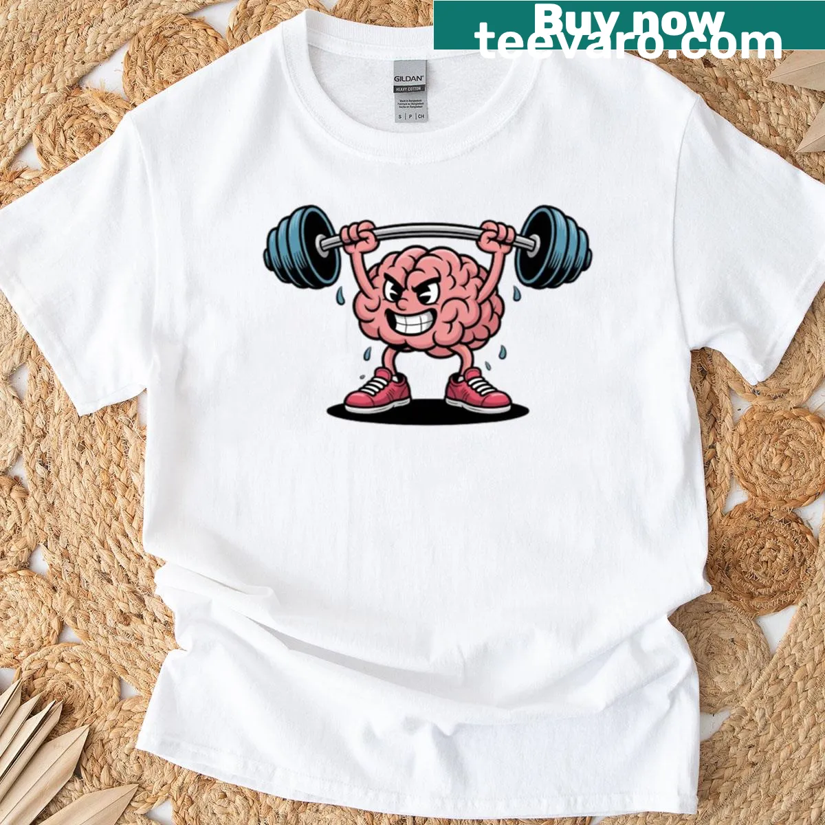 Cartoon Brain Power in Action T-shirt with brain graphic — on a men's t-shirt
