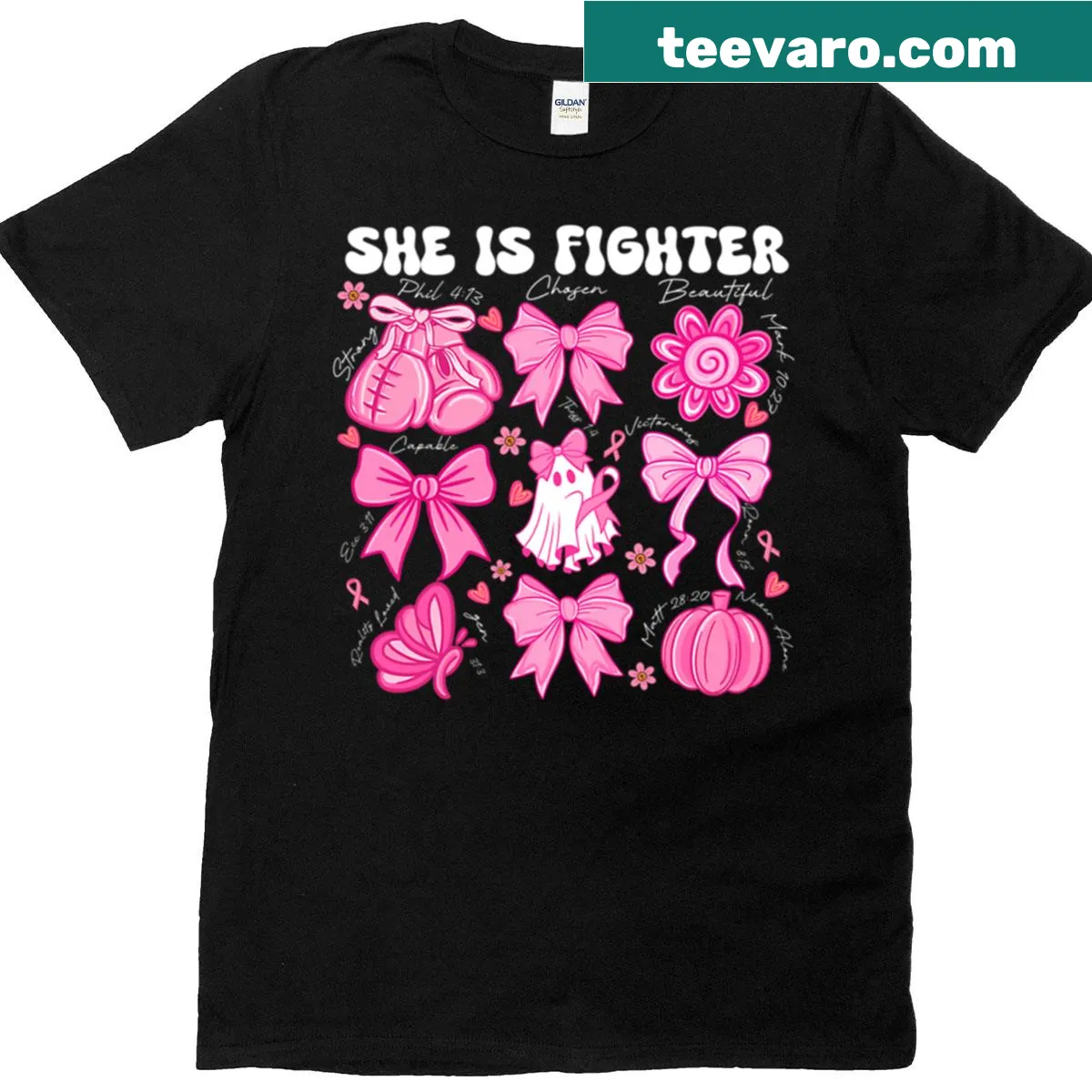 Inspiring shirt with text 'She Is Fighter' for breast cancer awareness. — on a men's t-shirt