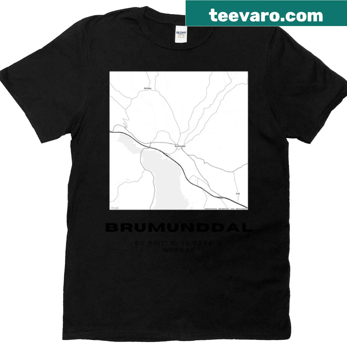 T-shirt with minimalist map design of Brumunddal, Norway. — on a men's t-shirt