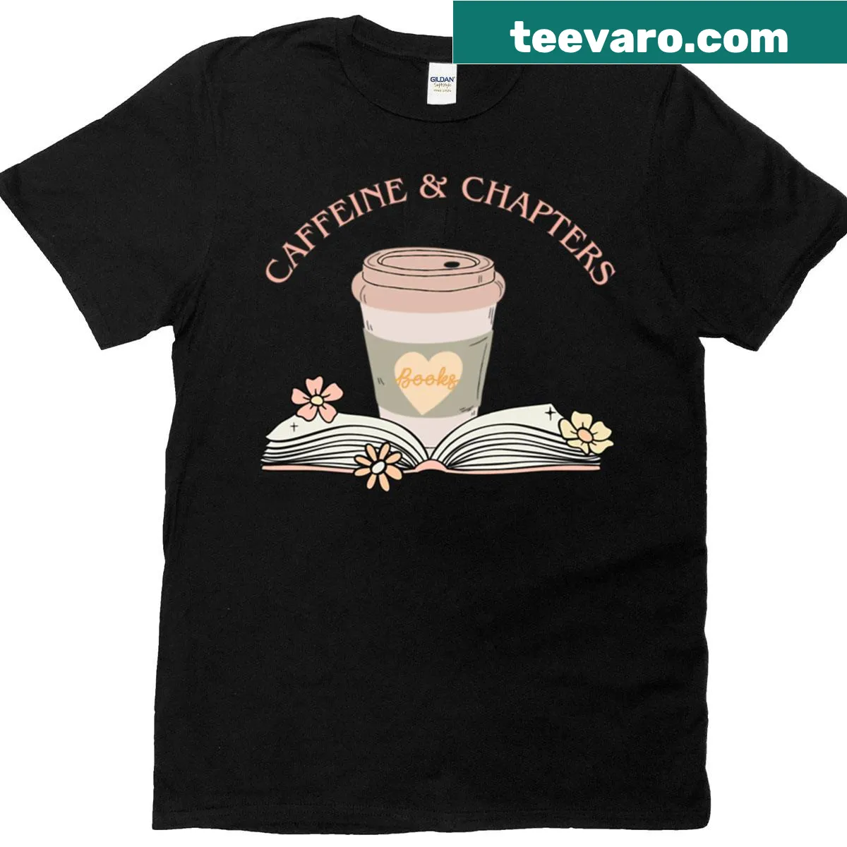 Typography shirt featuring 'Caffeine Chapters' for coffee-loving readers — on a men's t-shirt