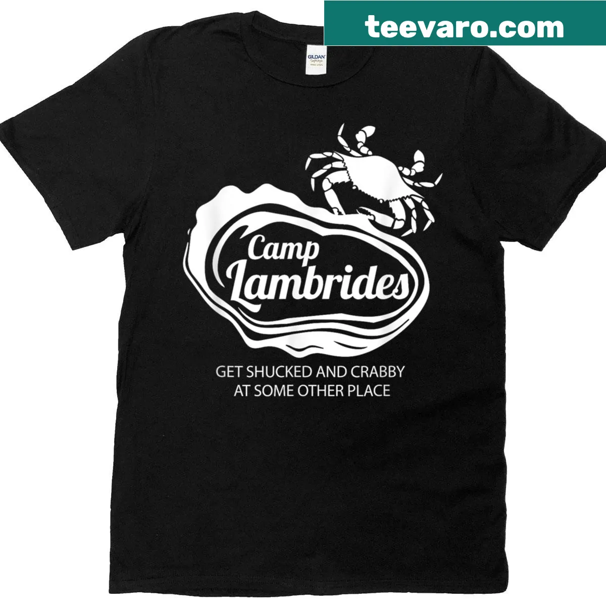 Minimalist shirt with 'Camp Lambrides' in bold white text — on a men's t-shirt