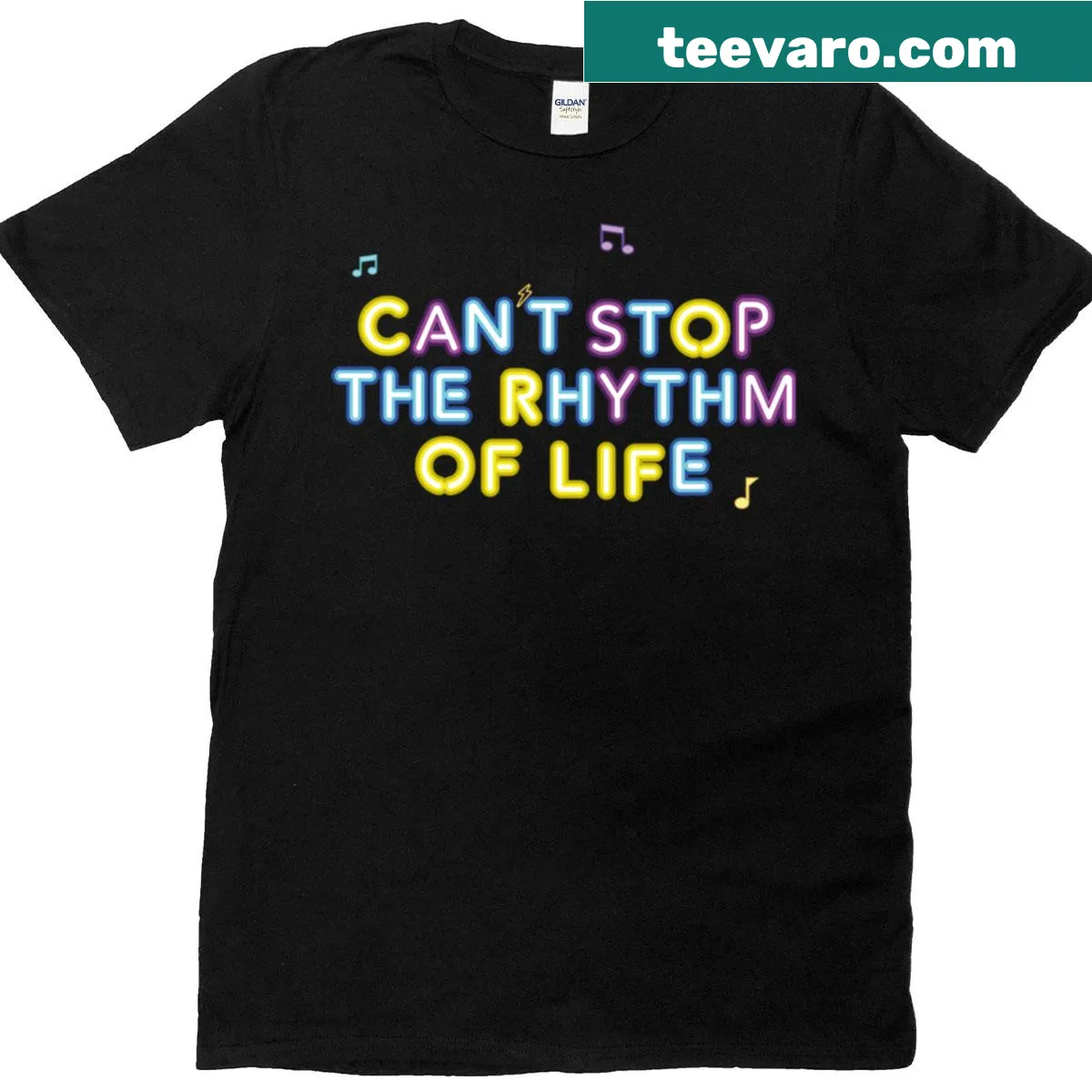 Inspirational typography shirt with 'Can't Stop The Rhythm' text — on a men's t-shirt